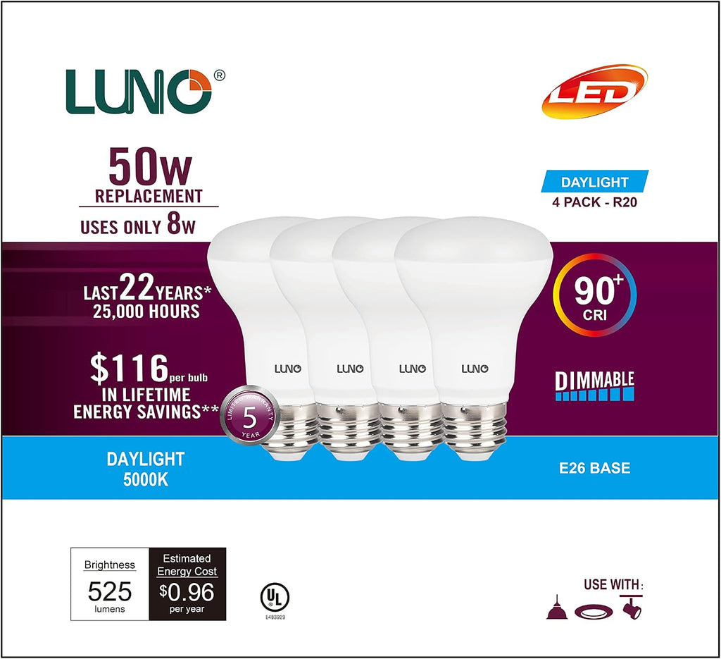 R20 Dimmable LED Bulb, CRI 90+, 8W (50W Equivalent), 525 Lumens, 5000K (Daylight), Medium Base (E26), UL & ENERGY