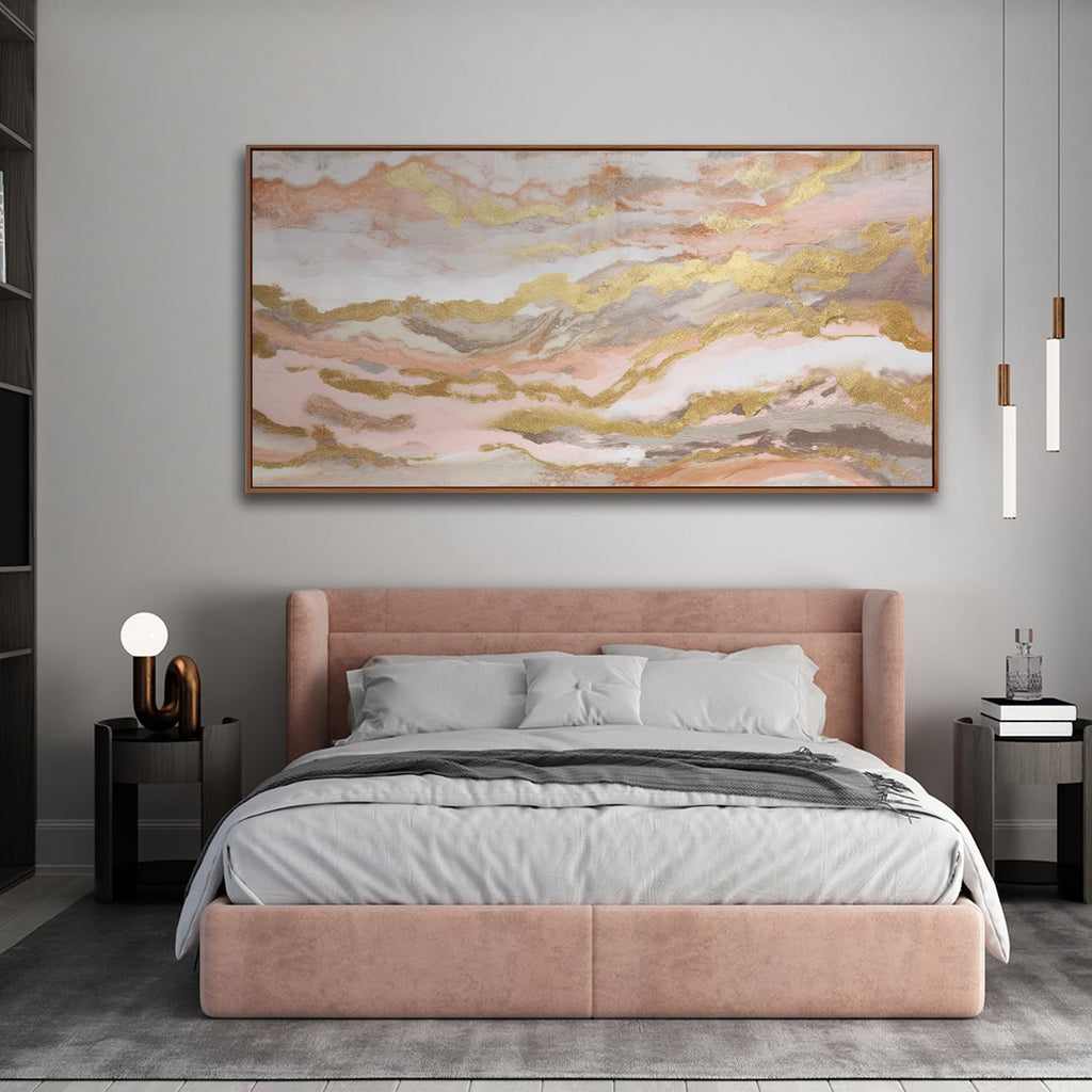 Abstract Pink Canvas Wall Art Framed Gold Abstract Line Artwork Decor Canvas Art Bedroom Pictures Office Decoration