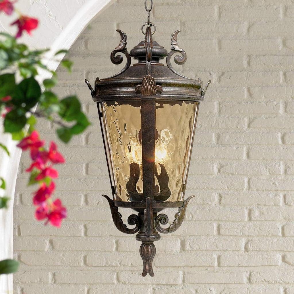 Marseille 23 3/4" Bronze 4-Light Outdoor Hanging Lantern with Hammered Glass