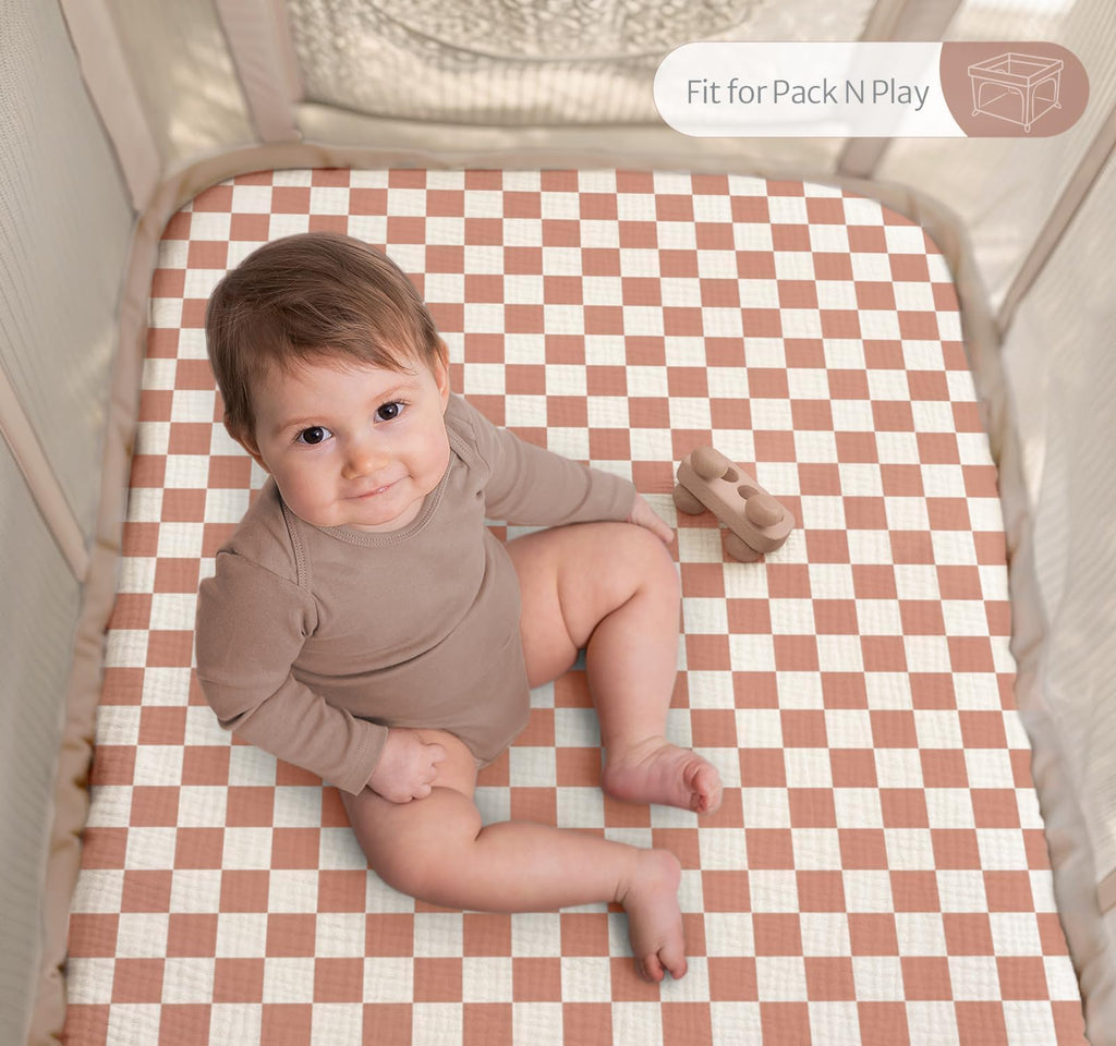 Muslin Mini Crib Sheets, 2 Pack, Brown Checkboard & Brown