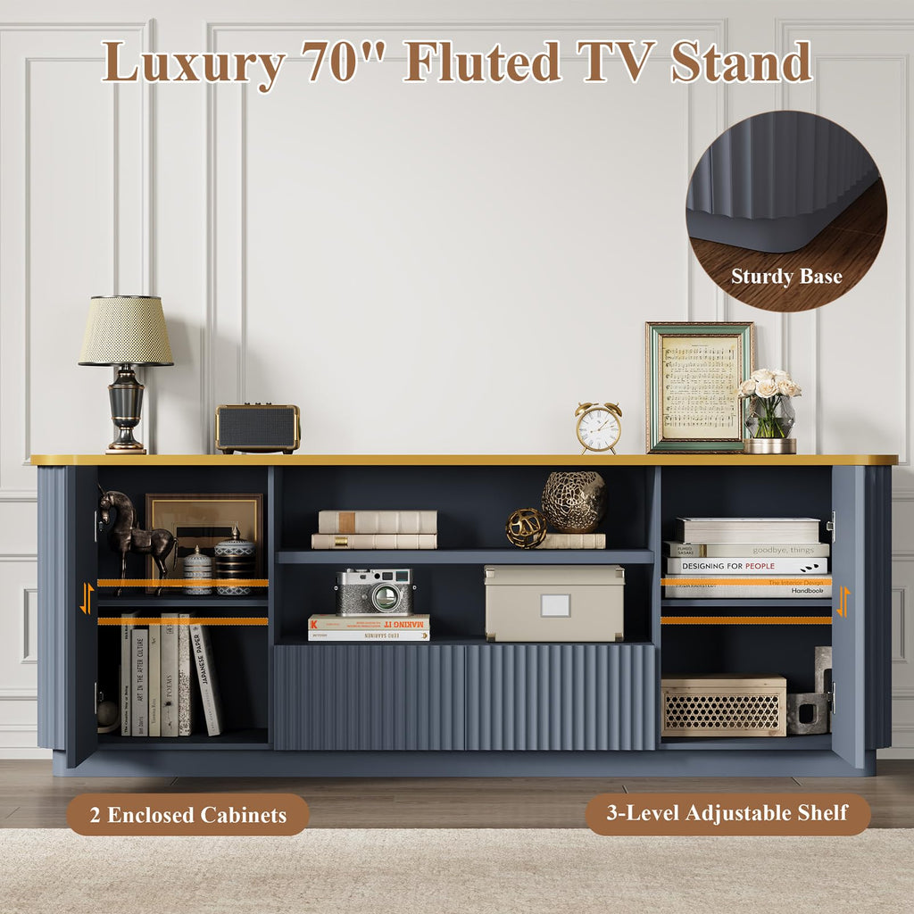 70"Fluted TV Stand for TVs Up to 80", Modern Entertainment Center with Curved Profile Design, TV Console with Drawer
