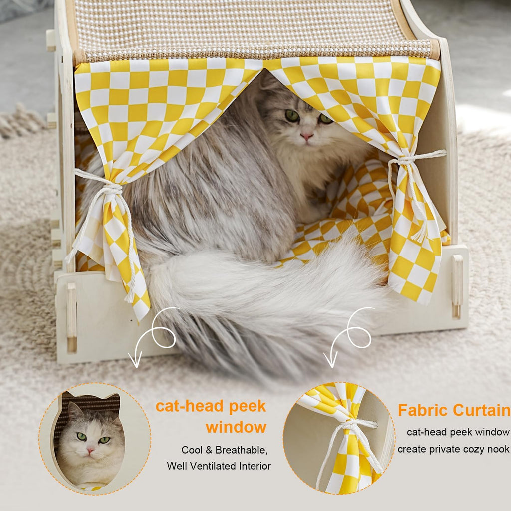 Cat House Indoor, Cat Cave, Modern Kitten Bed with Scratch Pad and Fluffy Ball, Wooden Frame with Cushion