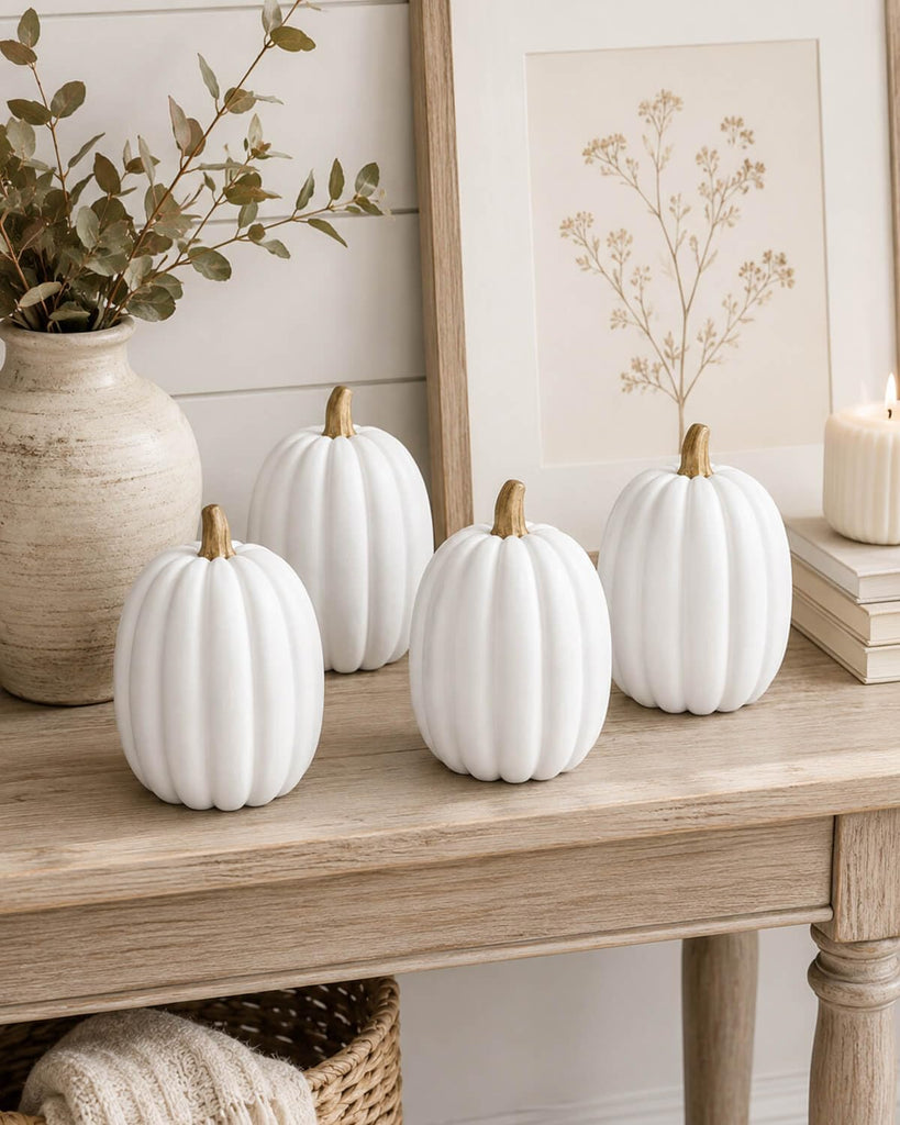 8 Inch White Artificial Pumpkins, 4 Pack Foam Pumpkins for Fall Decor