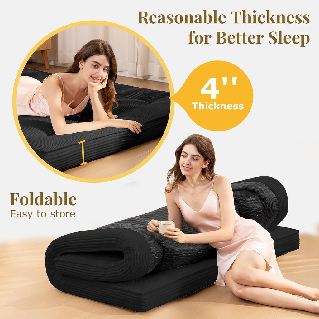 Futon Mattress Full Size, 4" Thicken Japanese Futon Mattress Sleeping Pad, Corduroy Foldable Floor Mattress, Roll Up