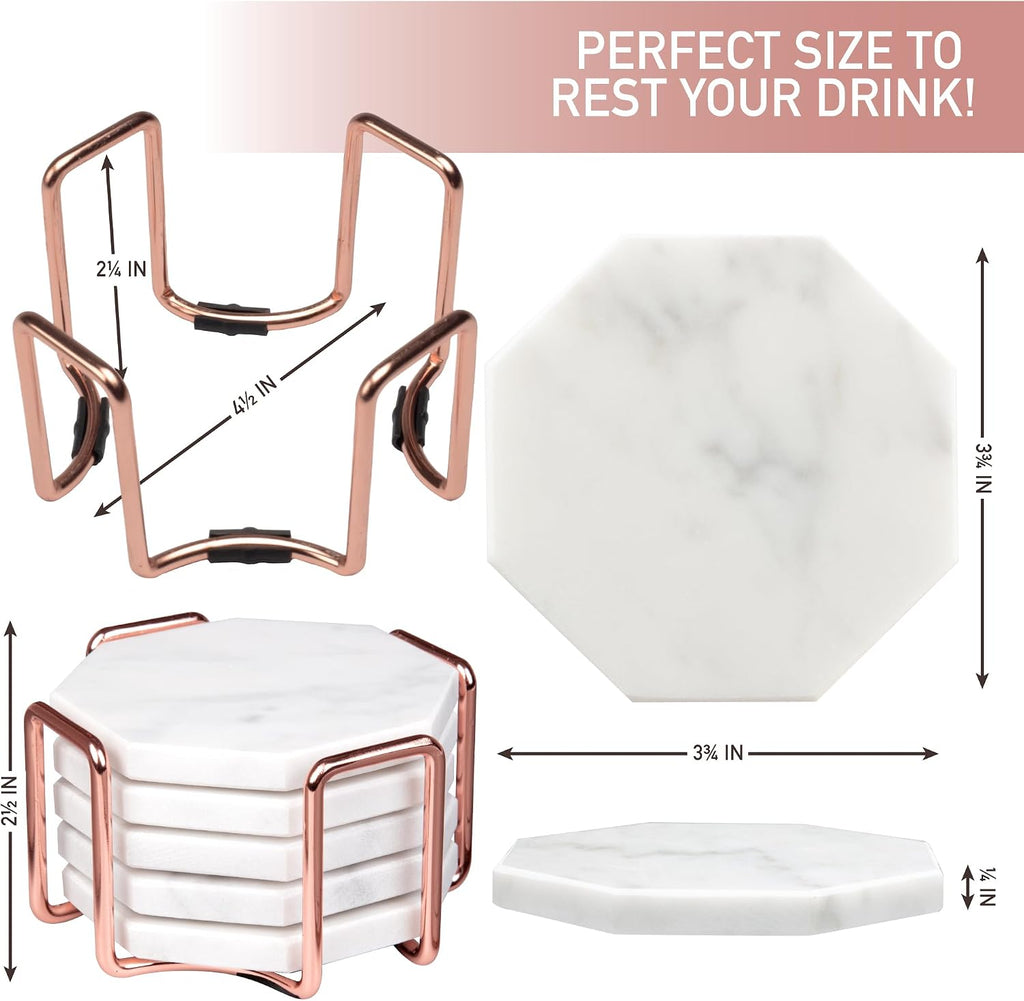 White Carrara Marble Tabletop Coasters with Storage Holder - Set of 5