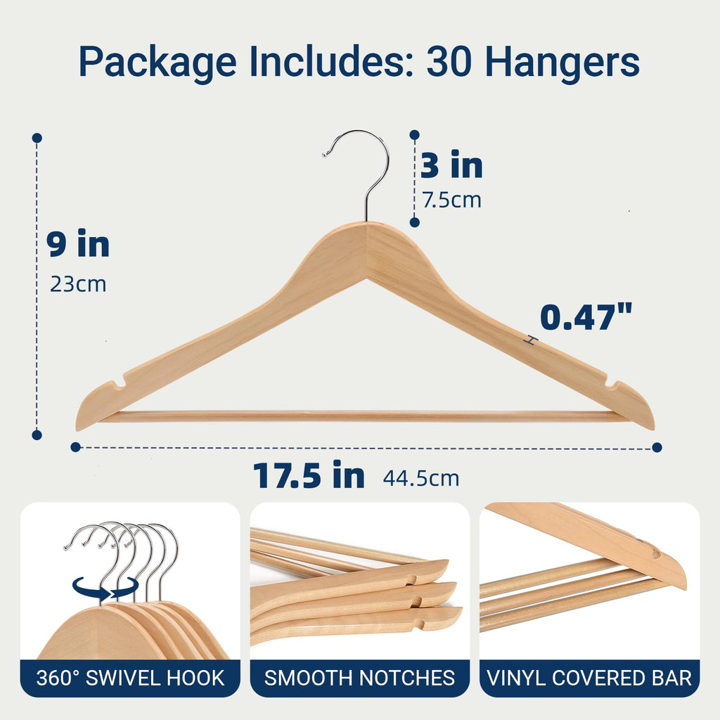 30 Pack Natural Wooden Coat Hangers, Wood Suit Hangers