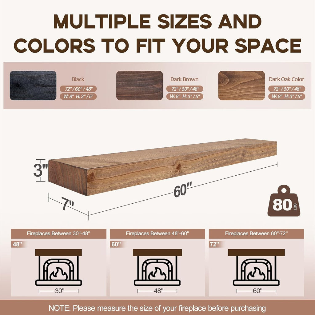 60" Solid Wood Floating Fireplace Mantel Shelf, Rustic Dark Oak