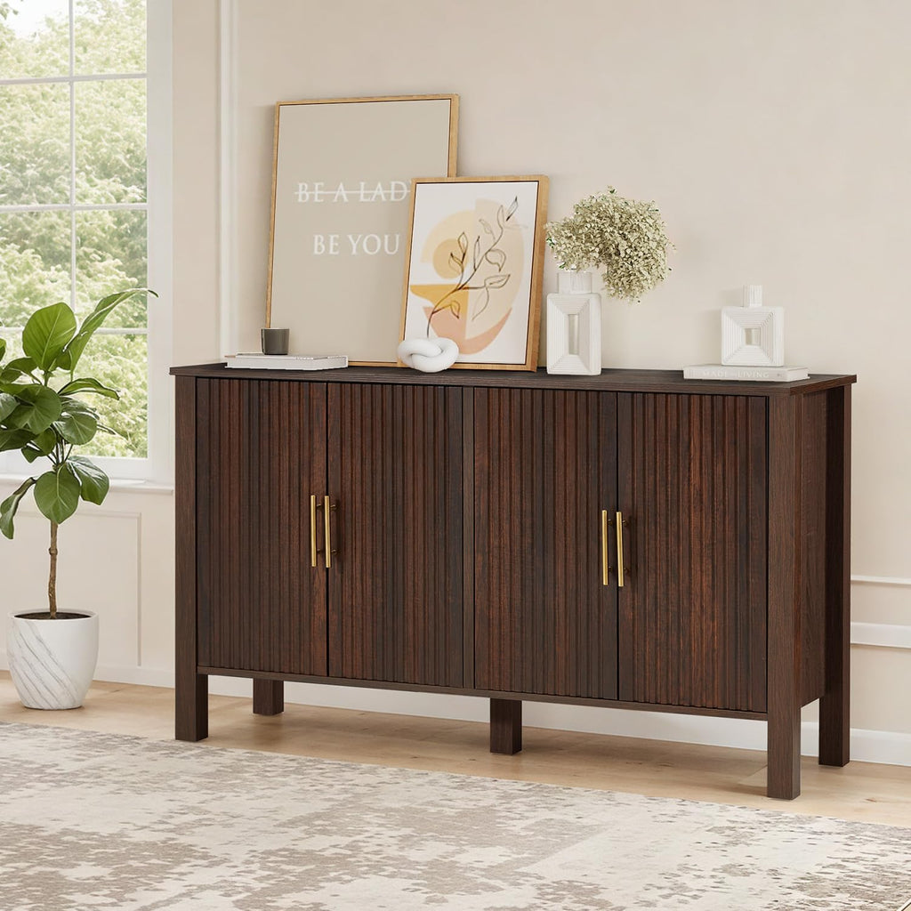 Brown Mid-Century 4-Door Fluted Buffet Cabinet with Storage