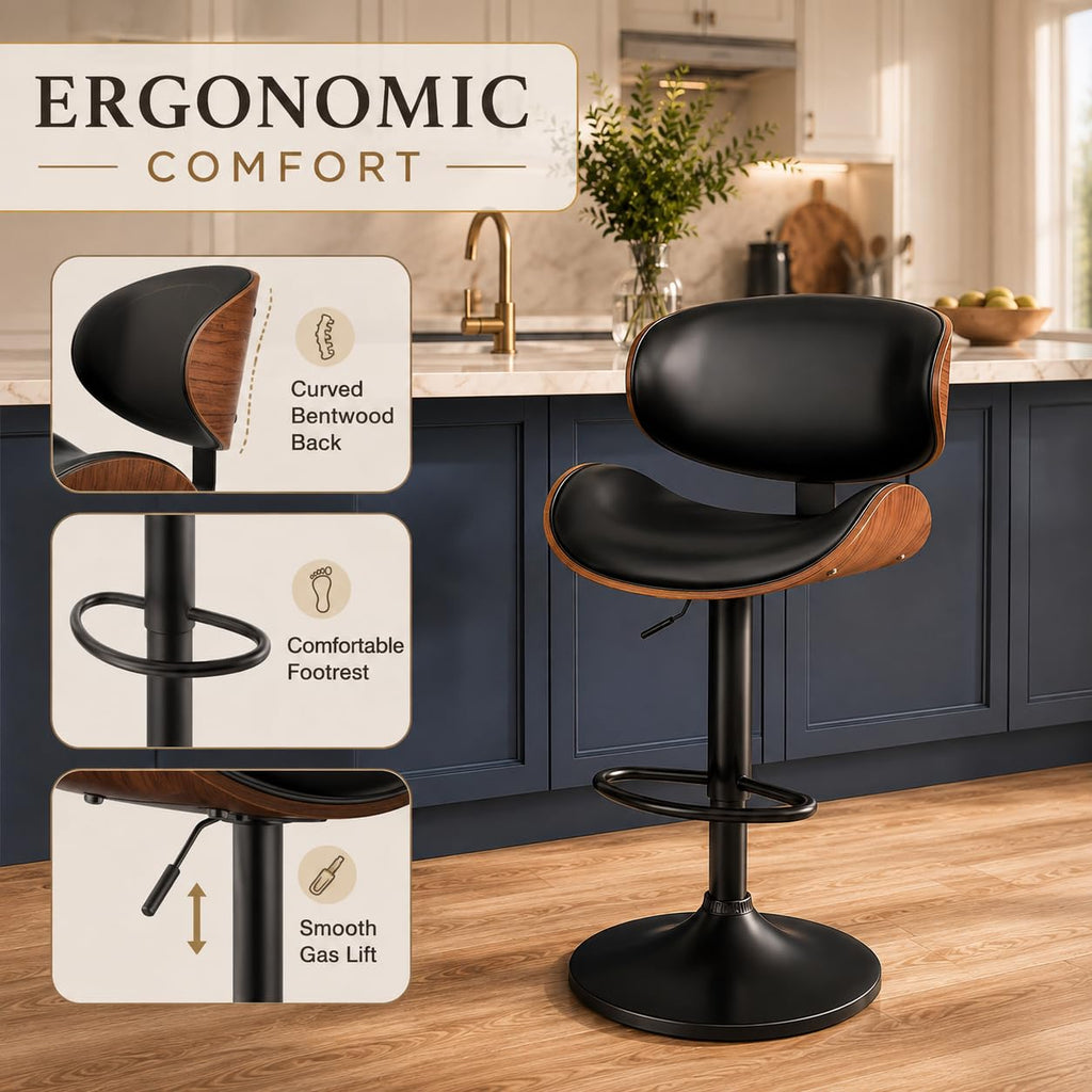 Bentwood Swivel Bar Stools Set of 2, Adjustable, Matte Black