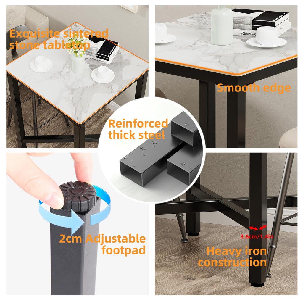 Sintered Stone Bar Table: White Counter Height Dining Table with Black Metal Frame - High Top Pub Tables for Narrow