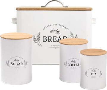 Extra Large White Farmhouse Bread Box Countertop - Bread Storage with Matching Large Kitchen Canisters - Set of 3