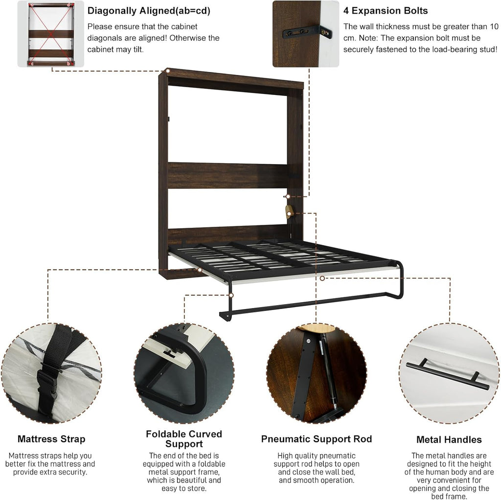 Queen Murphy Bed with 2 LED Lights, Farmhouse Wood Hidden Foldable Wall Bed Frame w/Gas Struts, Storage Bed Cabinet