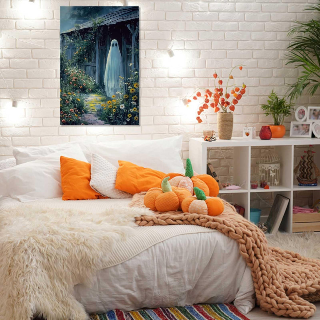 Retro White Ghost Posters Funny Cute Horror Scary Wall Art A Ghost Stands At The Door Of The House Prints Painting