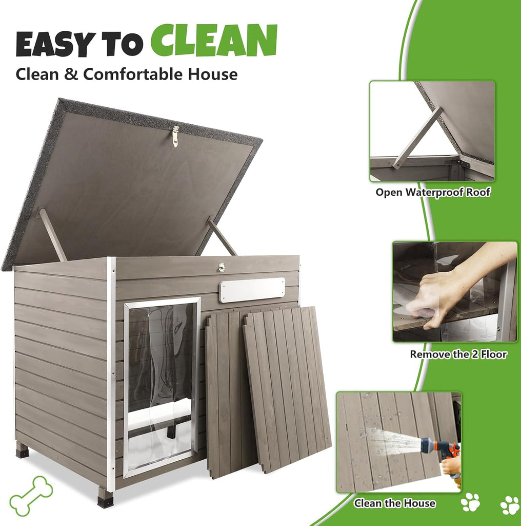 Large Outdoor Dog House, Weatherproof Wood with Chew-Resistant Alloy Frame