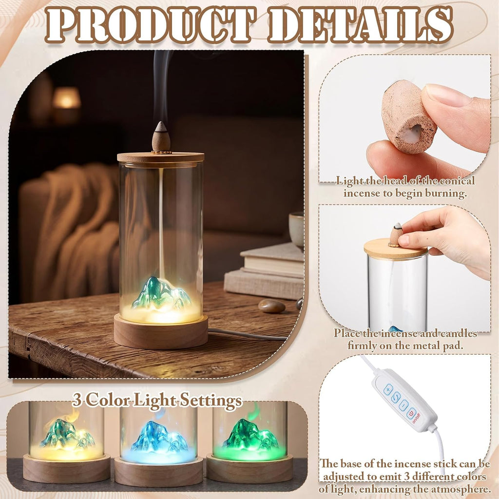 Glowing Backflow Incense Cone Burner with LED Lights Waterfall Incense Burner Holder Glass and Bamboo