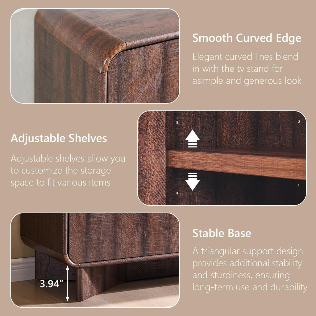 70" Modern TV Stand with Storage, Wood Curved TV Console, Dark Walnut