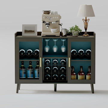 Freestanding Wine Bar Cabinet with Wine Rack and LED Light, Kitchen Sideboard and Buffet Cabinet Coffee Bar with