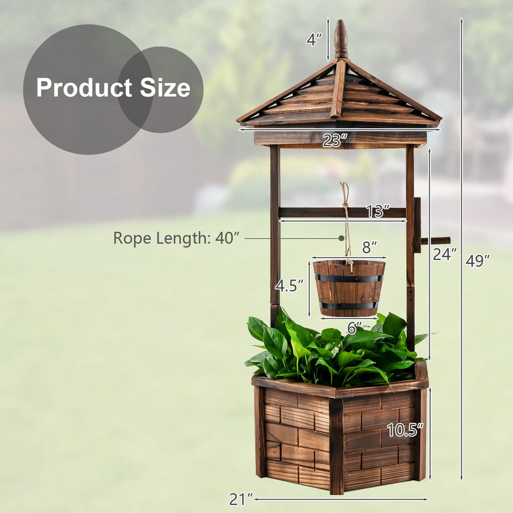 Rustic Wooden Wishing Well Planter with Hanging Bucket, Roof Shadow, Reinforced Rod, Wishing Wells for Outdoors
