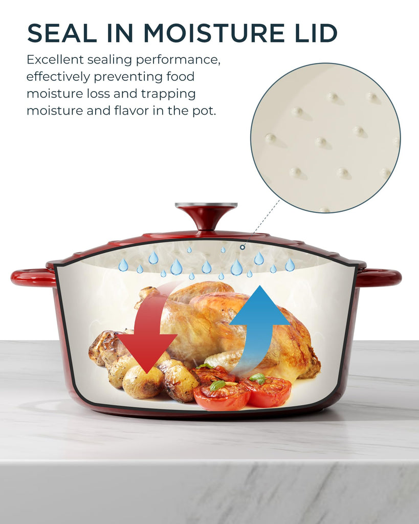 Enameled Cast Iron Dutch Oven, 6QT Pot with Lid, Cherry Red