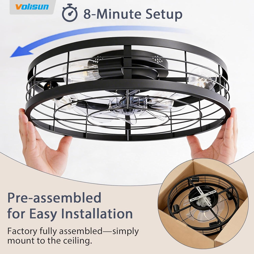 Caged Ceiling Fan with Light and Remote,23.6 inch Fandelier Ceiling Fan with Light Flush Mount