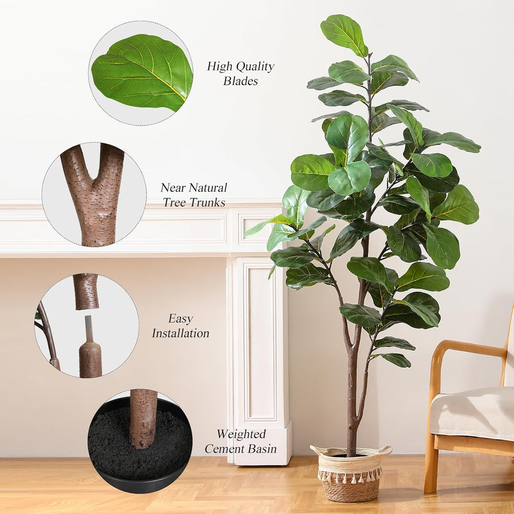 Artificial Fiddle Leaf Fig Tree 6ft, Large Faux Plant Fake Ficus lyrata Silk Trees with Pot Outdoor House Living Room