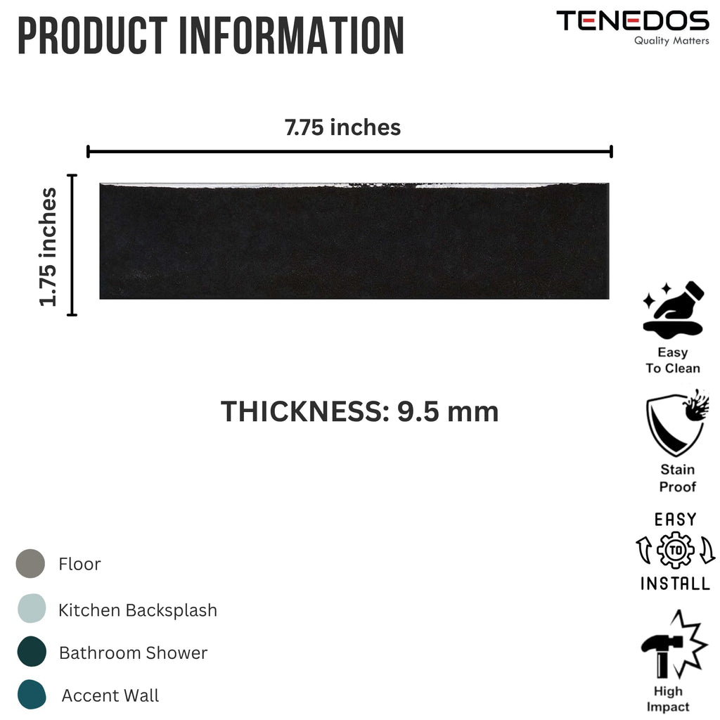 Black Glossy Porcelain Subway Zellige Look Tile - 2"x8" Wall and Floor, Backsplash, Shower,Fireplace Accent