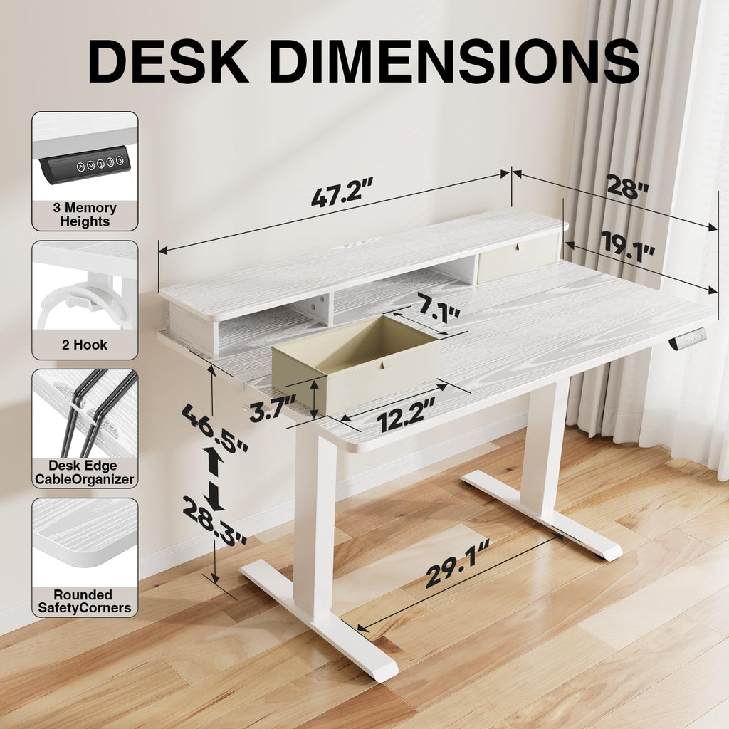 47x28 in Electric Standing Desk with Drawers, Adjustable Table, White