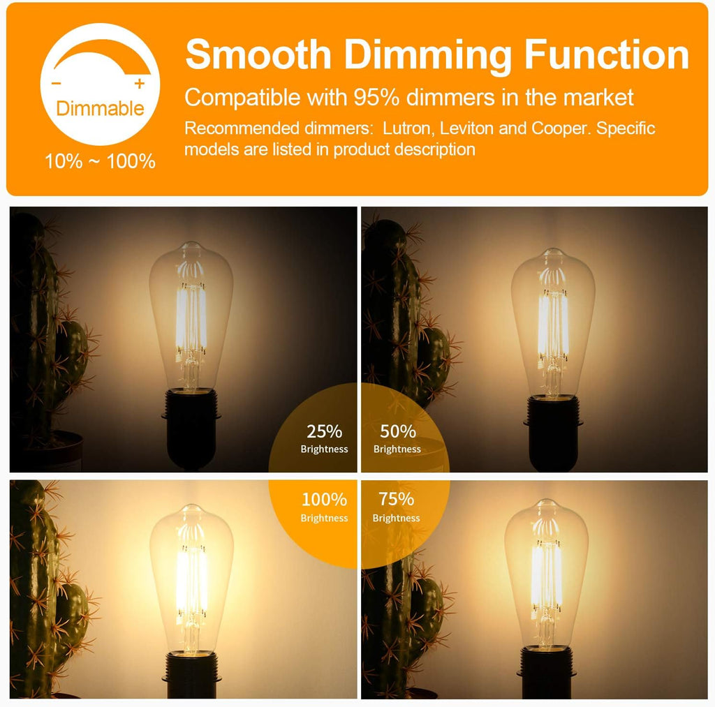 ST64 Large Vintage LED Edison Bulbs, 60W Equivalent 7W, 800Lumens, Dimmable Antique LED Filament, 2700K Warm