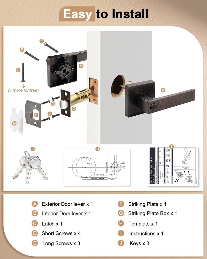 Heavy Duty Square Keyed Door Lever with Lock and Key, Oil Rubbed Bronze Entrance Door Handle for Exterior or Interior