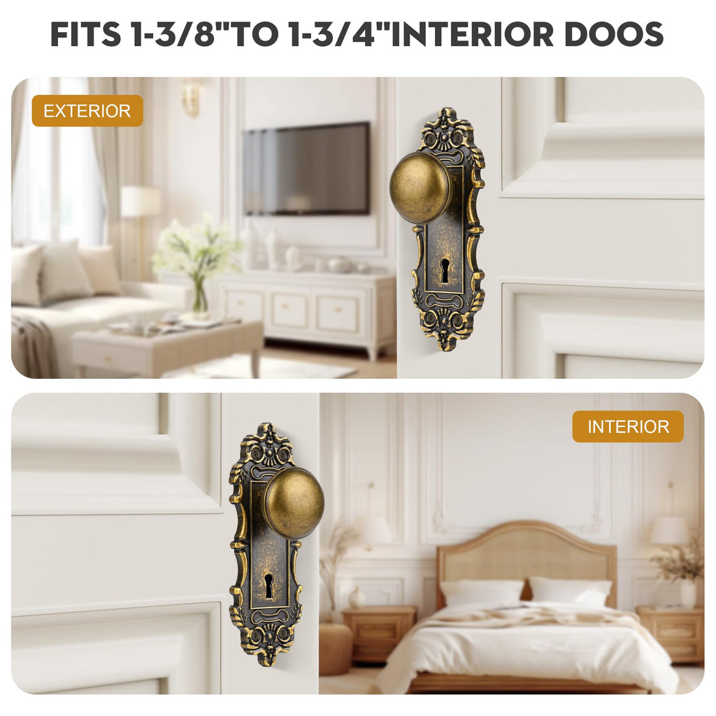 Mortise Lock Set for Interior Door, Antique Brass Door Knob with Lock and Skeleton Key, Antique Old Style Door Knob