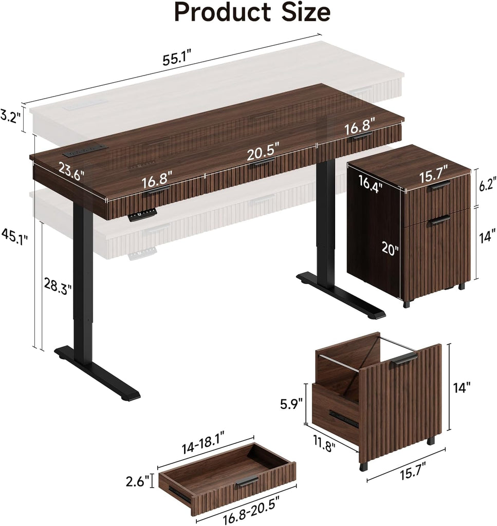 55" Electric Standing Desk with File Cabine, Sit to Stand, Walnut | Standing Desk with Drawers, Roilling Filing
