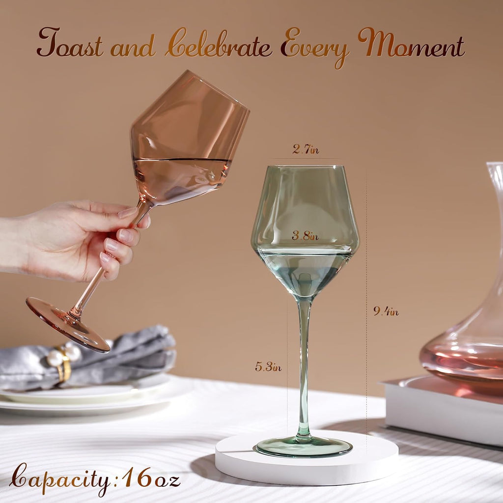 Colored Wine Glasses Set of 6-16OZ Colorful Wine Glass with Stem【HandBlown】 Muted Wine Glasses Colored Set,Wine Gifts