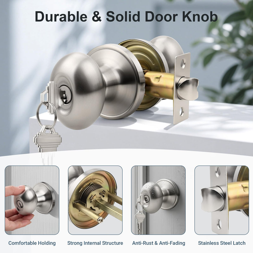 6 Pack Brushed Nickel Door Knob with Lock and Key, Egg Shaped Oval Door Knob Keyed Alike Doorknob /Bathroom/Office