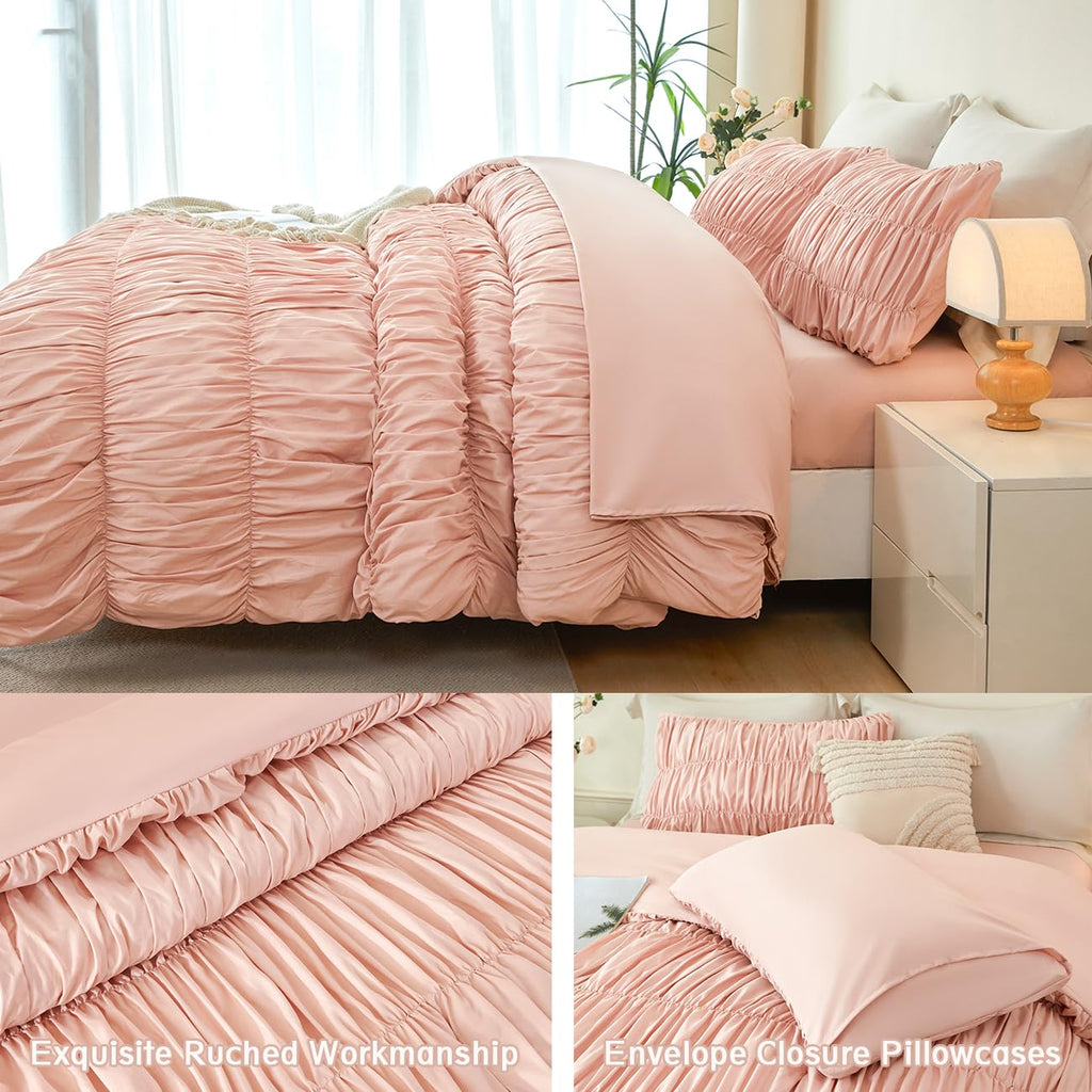Blush Bed in a Bag 5-Piece Boho Ruched Bedding Comforter Set Soft Luxury Fluffy Pleated Textured Pink