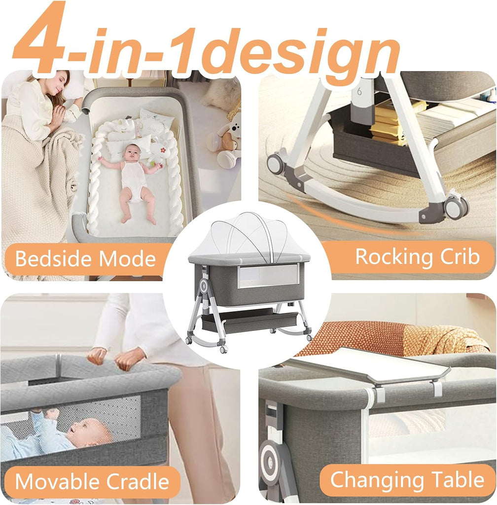 4 in 1 Baby Bassinet, Rocking Bassinets Bedside Sleeper with Comfy Mattress and Wheels, 6 Height Adjustable Easy