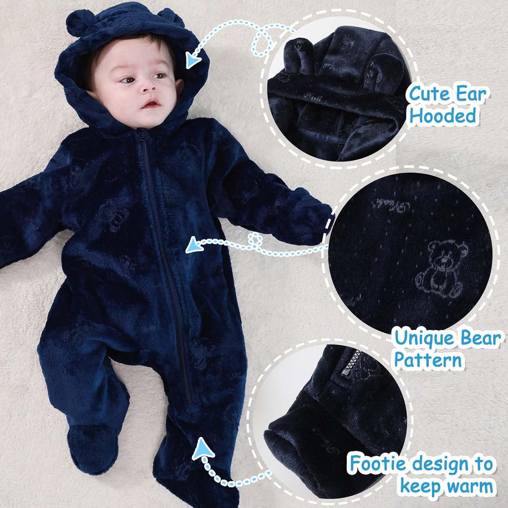 Baby Bear Suit Thin Fleece Footie Romper Snowsuit Hooded Jumpsuit Bodysuit Winter Clothes Boy Girl