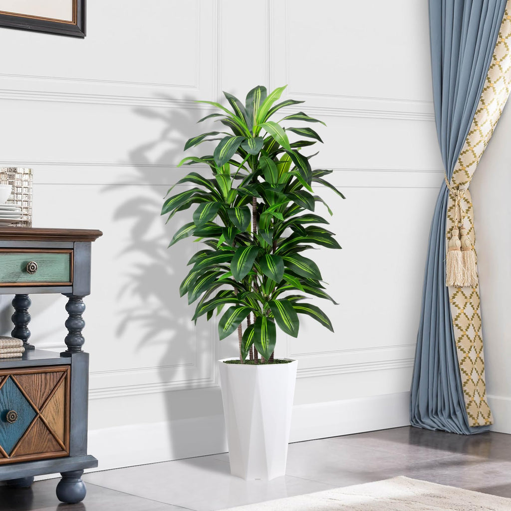 Artificial Dracaena Plant Indoor 5FT Fake Tree with White Diamond Planter Faux Yucca Tall Fake Floor Plant in Pot