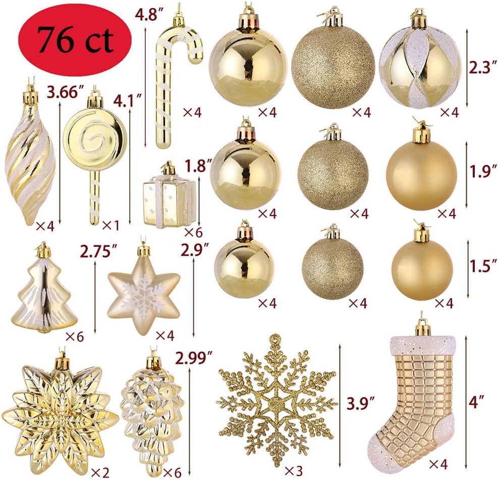Christmas Tree Ornaments Set,Golden Shatterproof Christmas Balls Decorations,Xmas Decorative Hanging - Set of 76