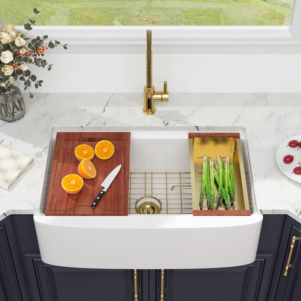 33 Inch White Farmhouse Sink Workstation Curved Apron Front Farm Sink with Slide Ledge Ceramic Porcelain Single Bowl
