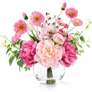 Artificial Flowers in Vase, Realistic Silk Peonies and Tulip Faux Flowers with Faux Water, Perfect for Table