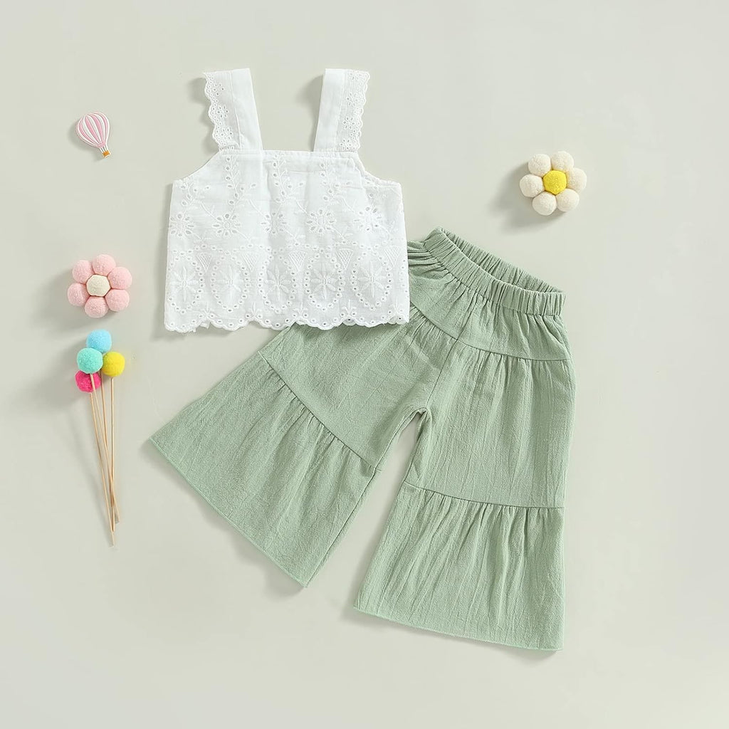 Toddler Baby Girls Summer Outfit Sleeveless Lace Trim Tank Tops and Wide Leg Pants Clothing Sets