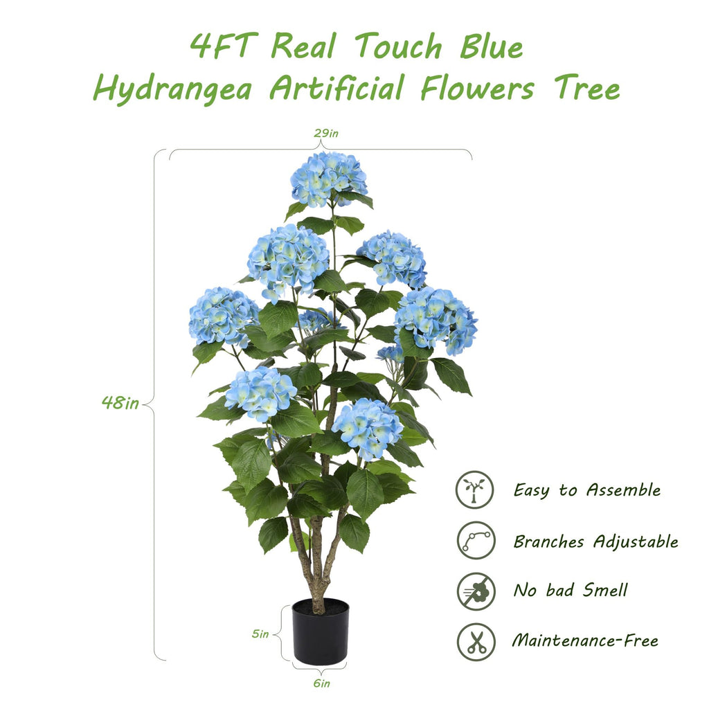 4FT Real Touch Faux Hydrangea Tree Outdoor, 2 Pack Blue Hydrangea Tree Artificial with Vibrant Blooms, Faux Hydrangea