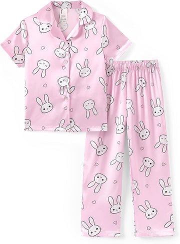 Girls Satin Silk Pajama Set Button-down Shirts & Pants Sleepwear Pjs