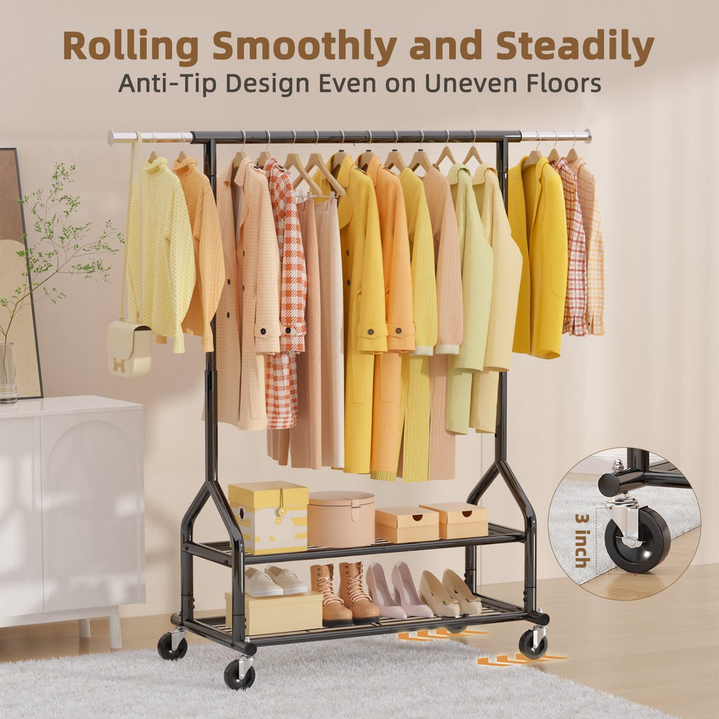 Heavy Duty Clothes Rack Load 556 LBS, Rolling Clothing Rack With Shelves, Height Adjustable Clothes Hanger with