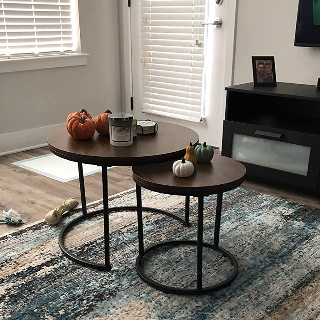 Coffee Nesting Side Round Set of 2 End Top Sturdy Metal Frame Desk Centerpiece Living Room Bedroom Apartment Modern
