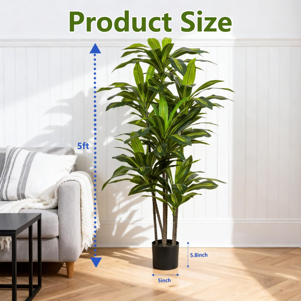5ft Dracaena Artificial Plant - Large Tropical Indoor Fake Tree with Lifelike Leaves - Tall Faux Floor Plant in Pot