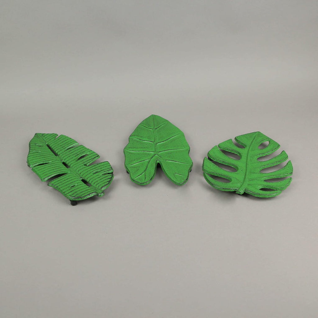 Cast Iron Trivets, 10 Inch Tropical Leaf Designs - Set of 3