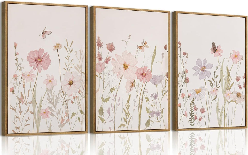 3 Piece Framed Wall Art Wildflower Wall Decor Botanical Canvas Art Floral Pictures Watercolor Paintings Pink Artwork