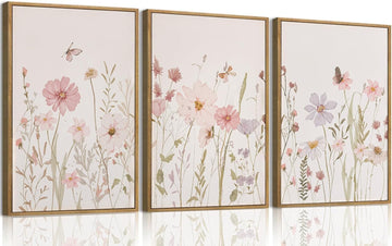 3 Piece Framed Wall Art Wildflower Wall Decor Botanical Canvas Art Floral Pictures Watercolor Paintings Pink Artwork