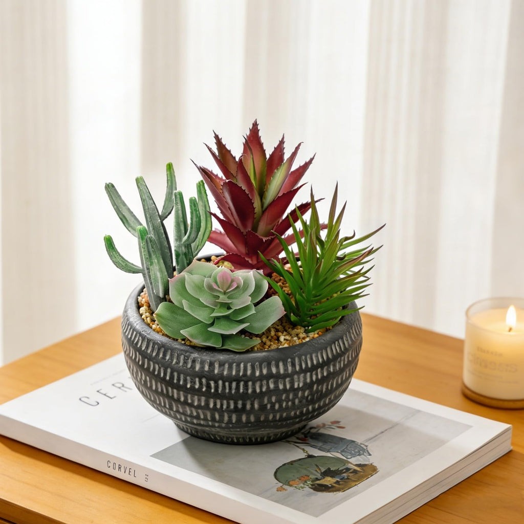 Fake Succulents in Black Cement Pot, Artificial Succulent Plants Arrangement Decor, Small Faux Potted Plants Tabletop